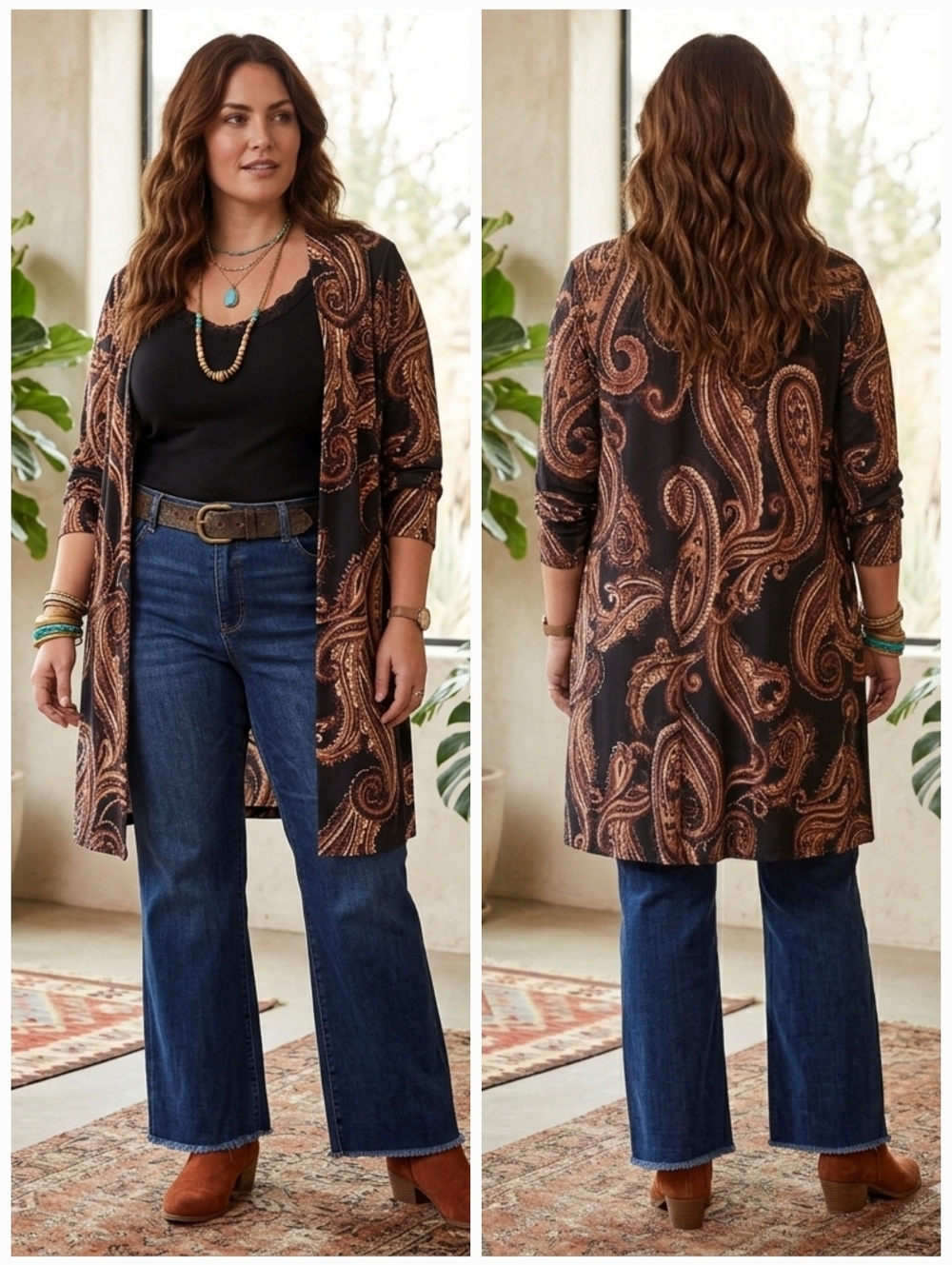 Laura 1X Modern Bohemian 70s Hippie Resortwear Earthy Paisley Silky Knit Kimono